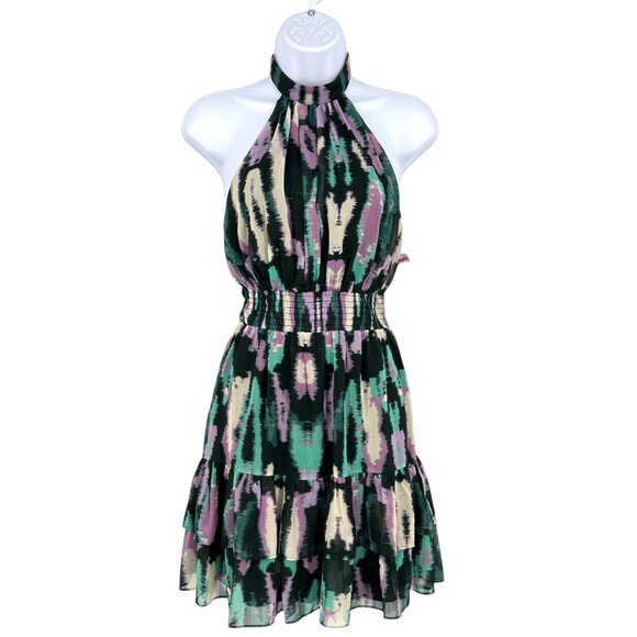 Chelsea28 Abstract Halter Tiered A-Line Mini Dress Purple Turquoise XS NWOT - Picture 1 of 8